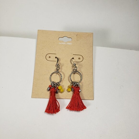 Silver tone Hoop Red Tassel Beaded  Drop Dangle Earrings - Picture 5 of 6